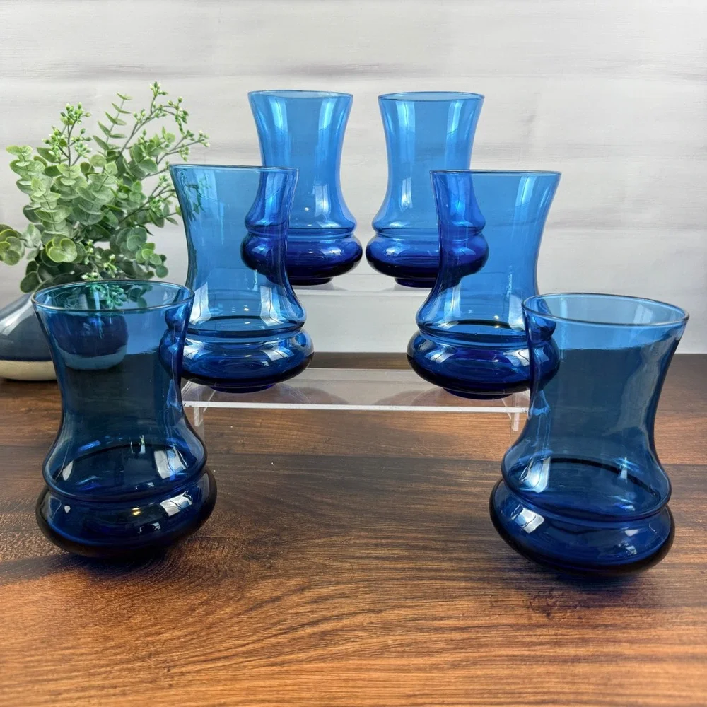 Cobalt Blue Hand Blown Glass Tumblers Scandi Modern MCM Barware Set of 6